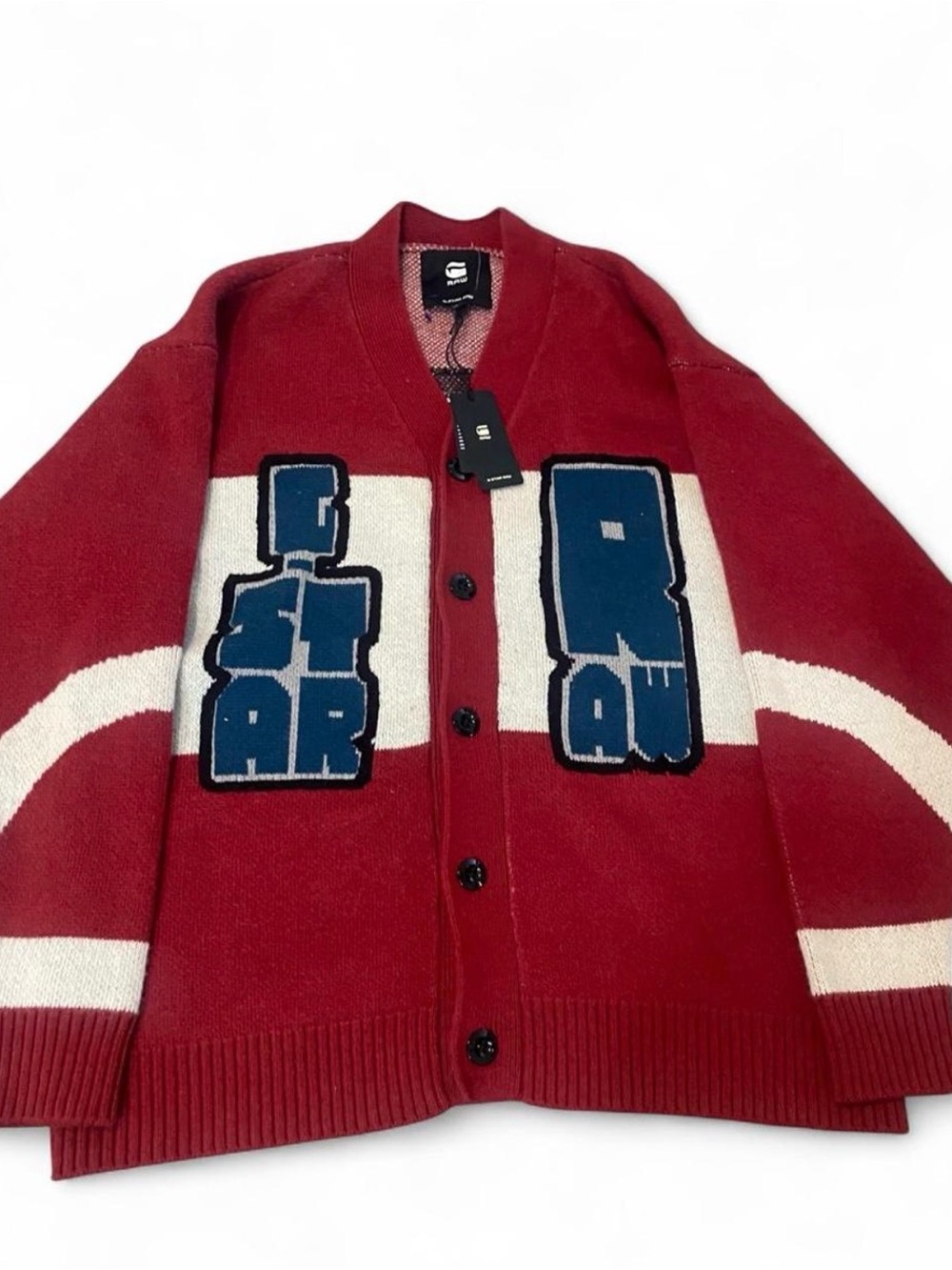 G-Star Red Cardigan with Blue Graphic Panels